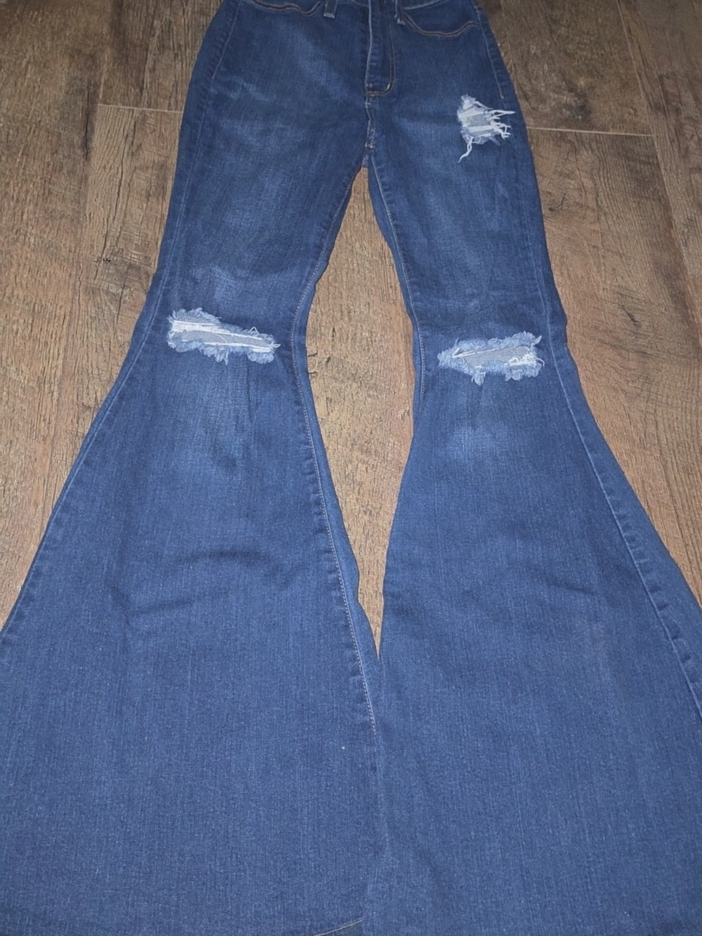 Vibrant Dark Blue Distressed Flare Jeans